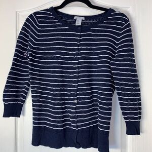 Nautical Striped Knit Sweater Navy White 3/4 Sleeve Size M – Lightweight Coastal
